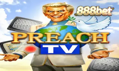 Interface do slot Preach TV com o pregador carismático e elementos de estúdio de TV